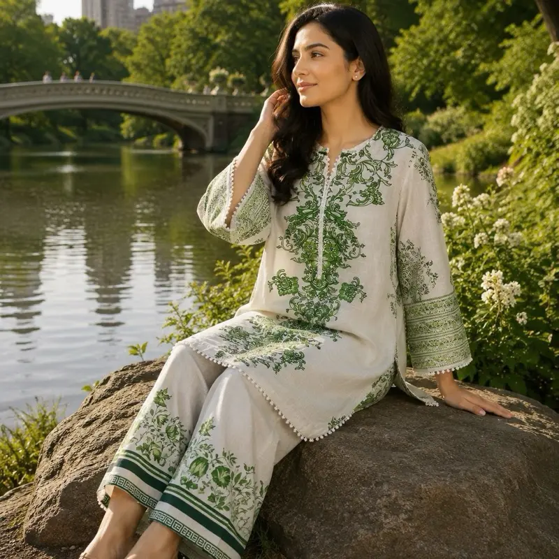Green and white loan pattern cord kameez shalwar
