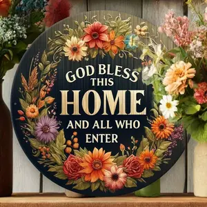 1 Set 8-Inch Round Metal Welcome Sign Art – "God Bless This Home And All Who Enter" – Wreath Design for Front Door, Porch, Entryway Decor