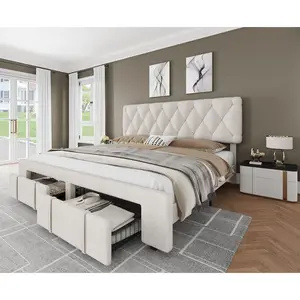 Garvee Full Size Bed Frame, Upholstered Platform Bed Frame with Storage Drawers, Mattress Foundation with Solid Wooden Slats Support, No Box Spring Needed, Beige