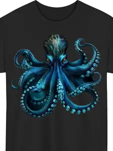 Octopus T-Shirt - Vibrant Blue & Green Squid Design, Casual Crew Neck, Soft Knitted Fabric, Perfect for Beach & Casual Attire, Beach Attire Tee Vibrant Print Tee Comfortable Fit Tee