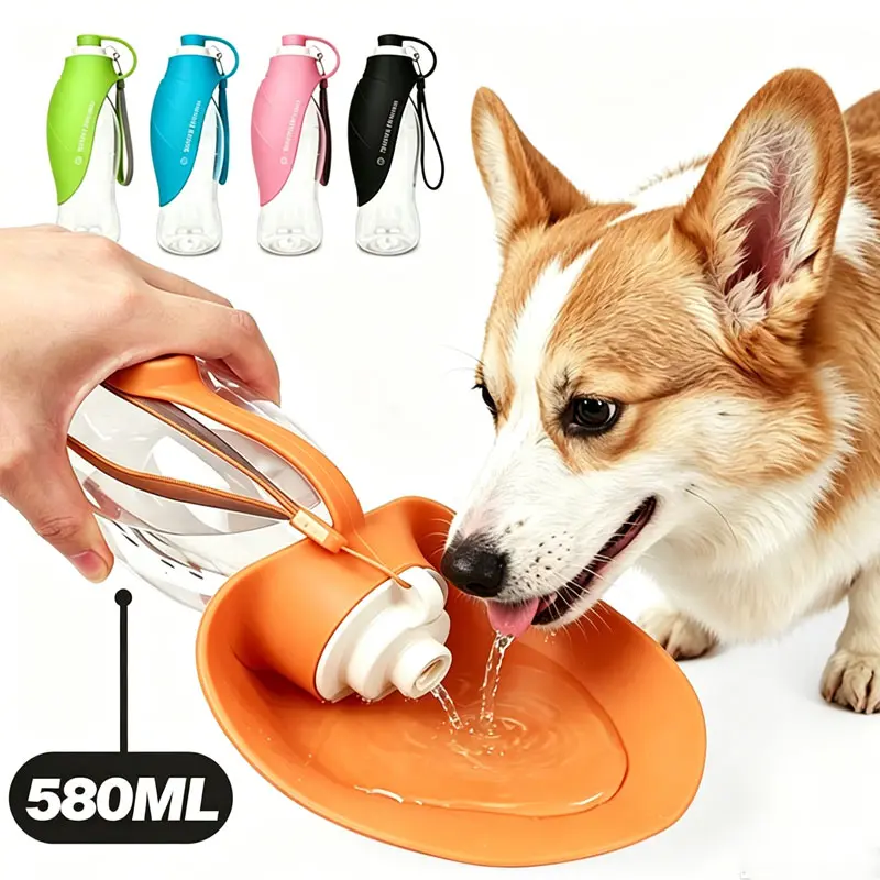 580ml Portable Dog Water Bottle, 2-in-1 Pet Travel Water Dispenser with Foldable Silicone Bowl, Leak Proof Food Grade Dog Drinking Cup, Reflective Strap for Walking Hiking Outdoor, Essential Pet Accessory for On-the-Go Hydration -- replacement feeder cats