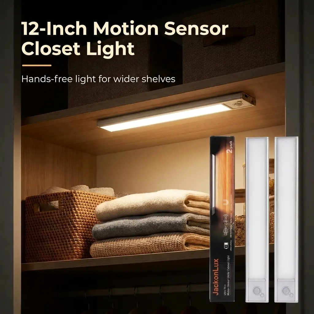 12.01" Rechargeable LED Closet Light, Motion Sensor Auto On/Off 3-Color Dimmable Magnetic Shelf Light with Metal Plates for Indoor Closet & Stairs, 2/4/8 Pack