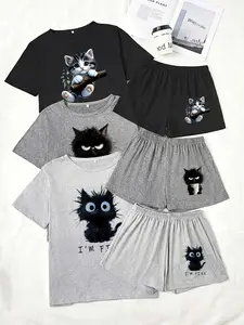 Three-Piece Pajama Set for Women, Short Sleeve Top and Shorts, Cartoon Cat Print, Casual Loose-Fitting Sleepwear, Loungewear, Comfortable Nightwear, Pjs