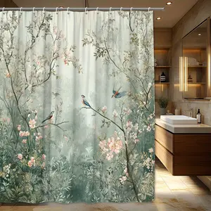 Shower Curtain |   Serene Forest Scene with Pink Blossoms & Songbirds Design |   Polyester Fabric |   Machine Washable |   Includes 12 Hooks |   Ethereal Nature-Inspired Bathroom Decor |   70.87x70.87 Inches, Shower Privacy |   Blossom Pattern Curtain