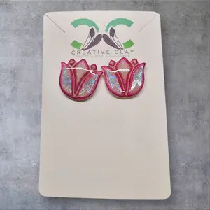 White/Pink + Glitter Lightning Bolt Mini Tulip Earrings | Handmade Polymer Clay | Sterling Silver .925 Posts | Lightweight & Hypoallergenic | Southwest-Inspired Stud Earrings