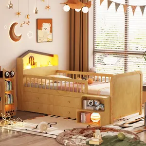 [Bellemave]Low Loft Bed with LED Lights, Wooden Twin Loft Bed with House Shape Headboard, Kids Loft Bed with Storage Drawers, Natural (Expect Arrival Date 2025/1/20)