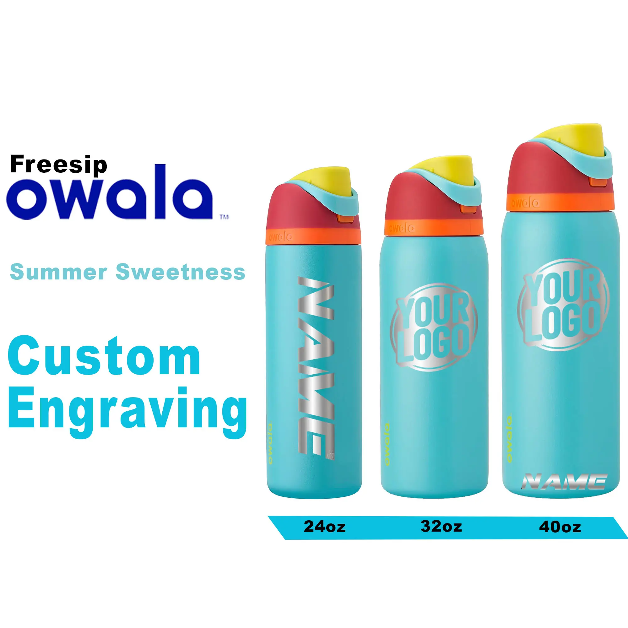 Owala Summer Sweetness Color Freesip Water Bottles, Personalized Stainless Steel Water Bottle, Laser Engraved Custom Water Bottle with Straw.