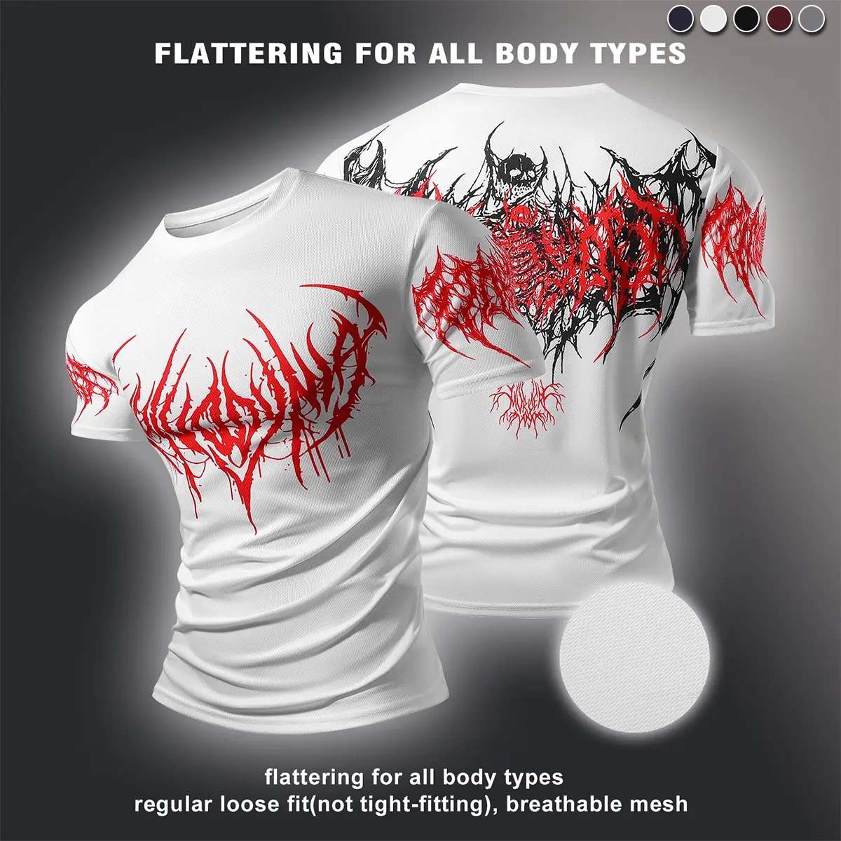 Men’s casual crewneck short-sleeve athletic T-shirt with skull tattoo print, made from lightweight knit mesh with moisture-wicking properties and a slim fit—ideal for gym training; men’s top, summer style