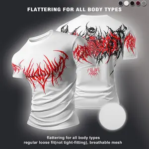 Men’s casual crewneck short-sleeve athletic T-shirt with skull tattoo print, made from lightweight knit mesh with moisture-wicking properties and a slim fit—ideal for gym training; men’s top, summer style