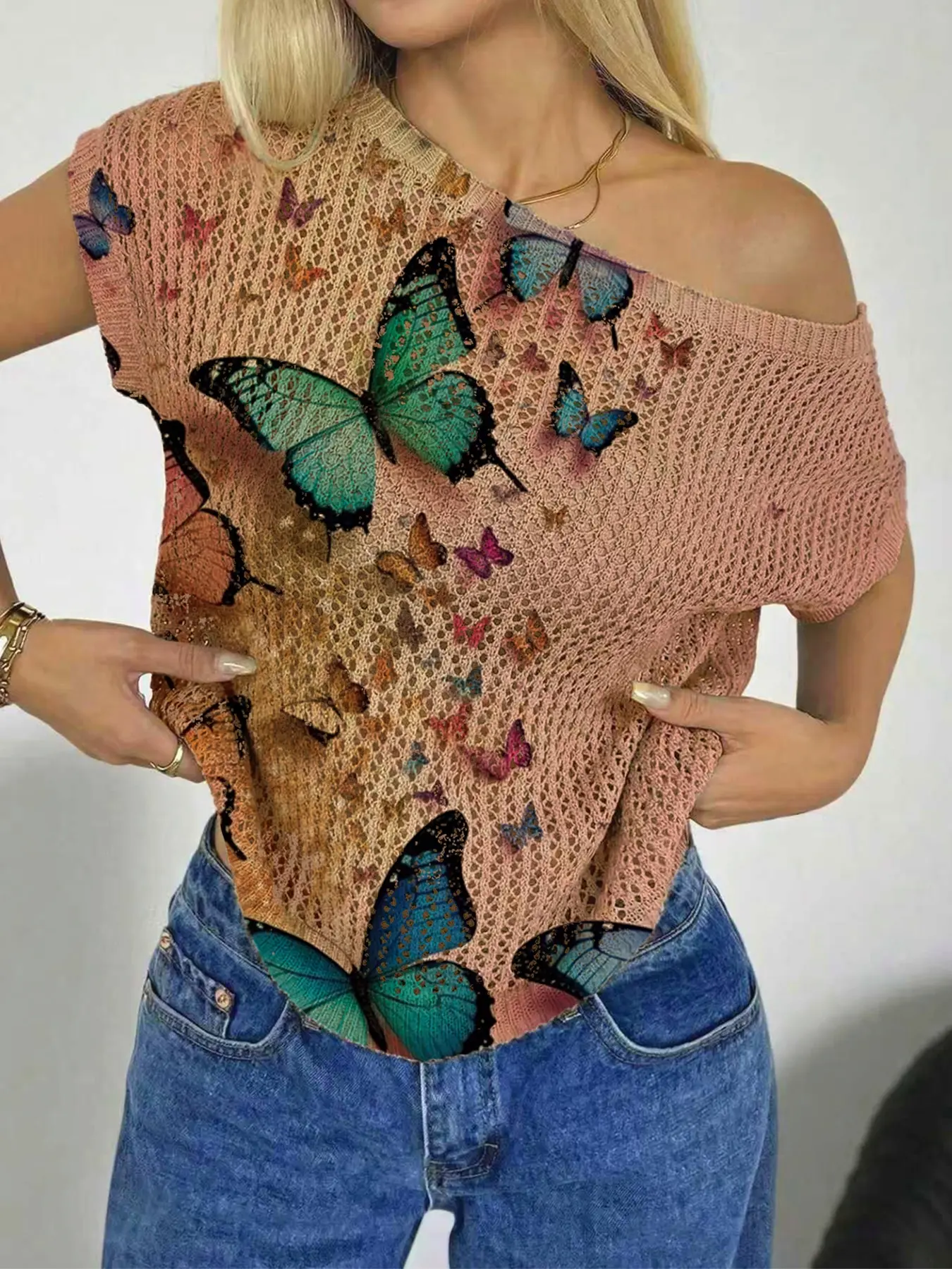 Spring Summer Women's Beach Vacation Style Asymmetrical Neck Shoulder Reveal Batwing Sleeve Semi-Transparent Lace, Butterfly Print Oversized Knit Top Womenswear