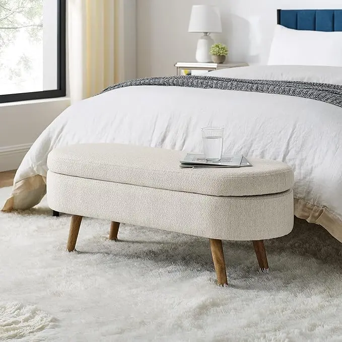 Oval Storage Bench 43.5"  Linen Upholstered Ottoman Bench with Wood Legs for Entryway Living Room Bedroom End of Bed Beige