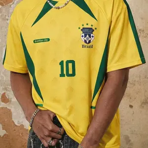 Men's Brazil #10 Retro Soccer Jersey, Sports Top, Lightweight Breathable Polyester, Yellow & Green National Team Color Block K