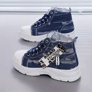 Women's Solid Closed High-Top Denim Lace Sneakers - Side Zipper, Thick Sole, Soft TPU Insole, Hand-Washable, All-Seasons Walking Shoes, Athletic Footwear, Casual Runner Sports Shoes