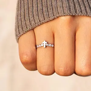 Single row zircon cross ring silver female simple fashion daily versatile jewelry birthday gift party catch wave