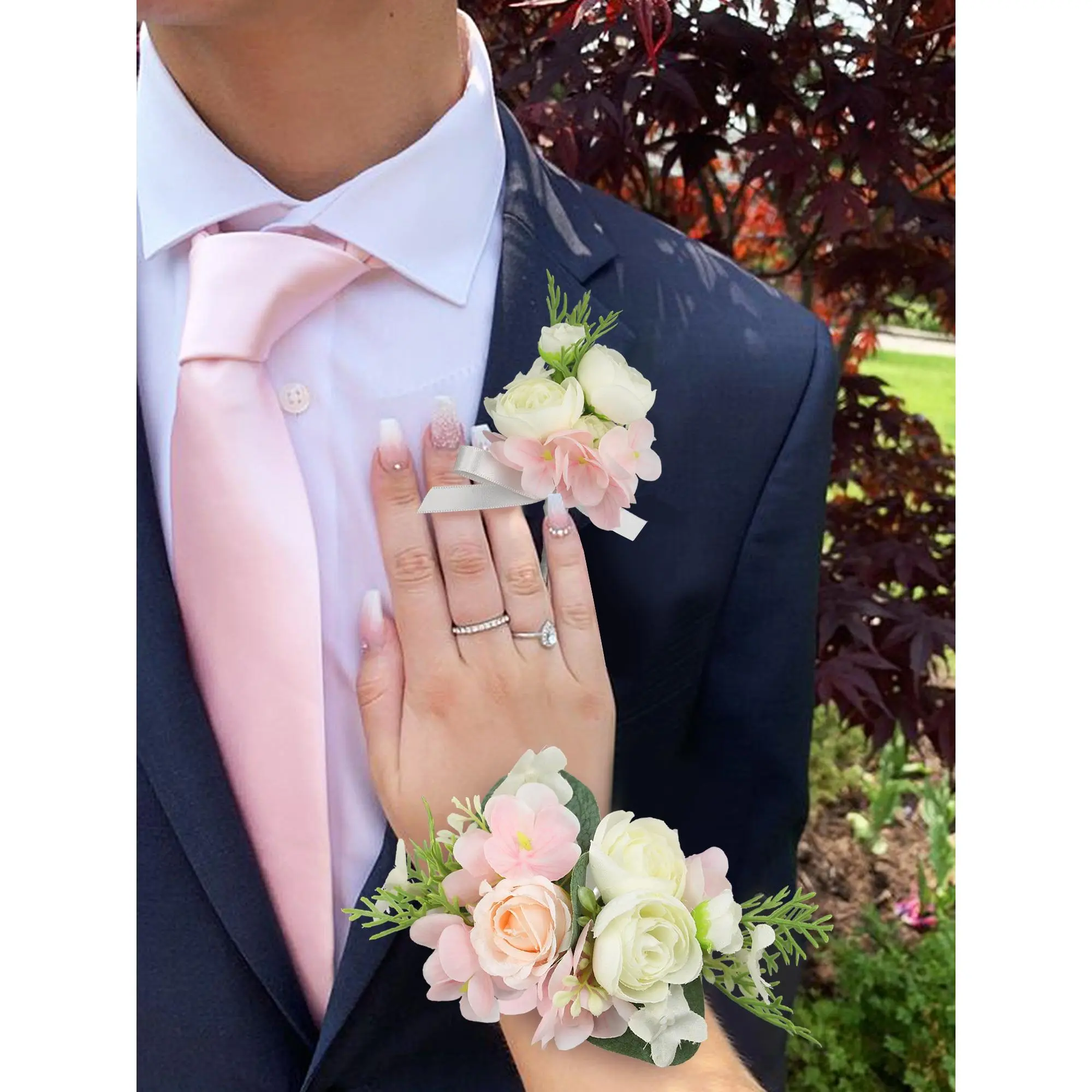 Rinlong Silk Flowers Compact Corsage and Boutonniere Set - Pink Hydrangea & Rose for Weddings, Festive Occasions