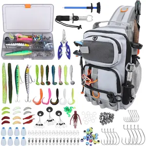 Fishing Backpack with Tackle Boxes,Waterproof Fishing Shoulder Bag with Rod Holder,Fish Bag with 136 Pcs Fishing Lures Kit,Fish Hook Remover Tool,Fish Lip Gripper,Fishing Plier,Gifts  Men (Gray)