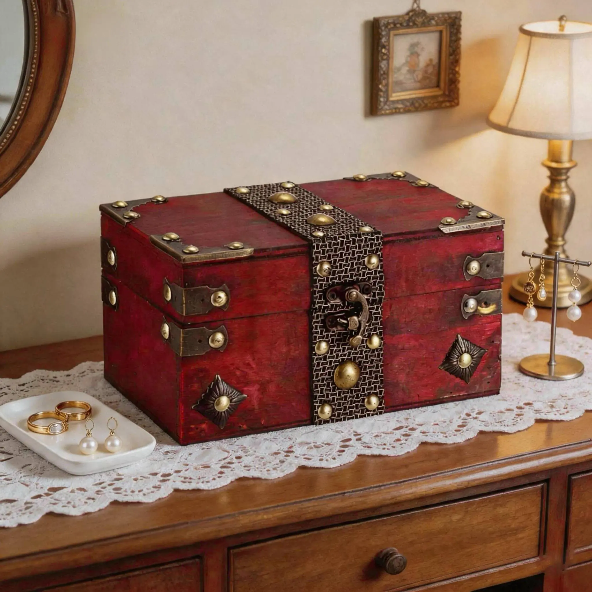 Vintage Lockable Wooden Storage Box with Lid - Rectangular Classic Collectibles Storage, Secure Lock Home Organizer, Jewelry Holder, Desktop Decoration