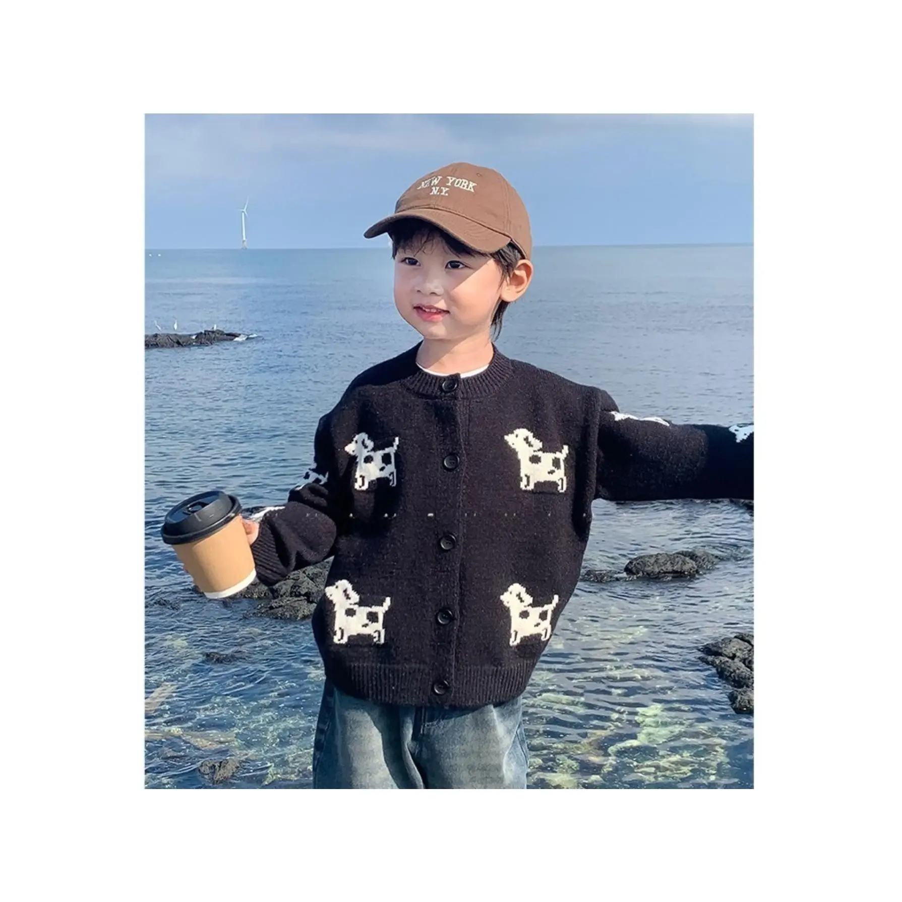 Boys' Soft Acrylic Knit Cardigan, Basic Round Neck Striped Long Sleeve Tops with Striped Trim, Button-Front for Fall Outings, Ages 3-4Y, 4-5Y, 5-6Y