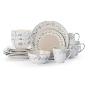 Beige Stoneware 16-Piece Dinnerware Set - Elegant Design for Home and Dining
