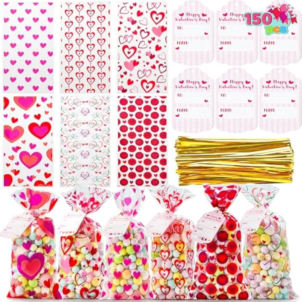 JOYIN 150 Pcs Valentine's Day Cellophane Gift Bag, 10.8" Gift Treat Bags with Gift Tag, Cookie Bags with 6 Themed Designs for Kids Party Favor, Classroom Exchange Prizes,Valentines Goodie Bag