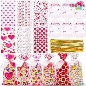 JOYIN 150 Pcs Valentine's Day Cellophane Gift Bag, 10.8" Gift Treat Bags with Gift Tag, Cookie Bags with 6 Themed Designs for Kids Party Favor, Classroom Exchange Prizes,Valentines Goodie Bag