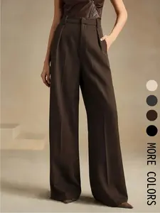 Women's Solid Color High Waist Wide Leg Pants, Inner Pleated Design, Loose Fit Business Casual Trousers, Comfortable Office Wear, Womenswear, Bottom