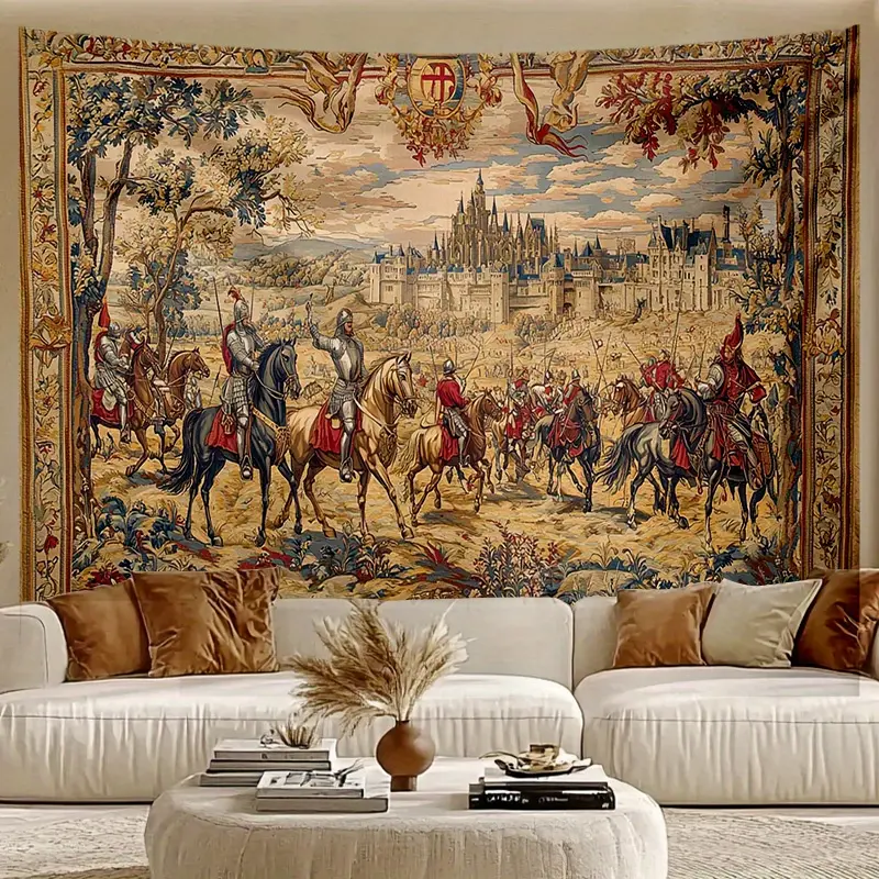 1pc Medieval Knight & Castle Tapestry - Vintage Wall Hanging with Armored Warriors, Horses, Ornate Architecture, Polyester Fabric, Perfect for Bedroom, Office & Party Decor, Multiple Sizes Available, Retro Castle Scene Wall Art Decor