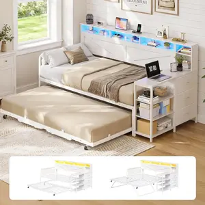 AOGLLATI Daybed with Pop Up Trundle, Farmhouse Day Bed with 3 Storage Drawers and Charging Station, Twin to King Daybed Frame with Shelves and LED Lights for Bedroom