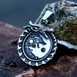 GTHIC Ouroboros Skoll and Hati Wolf Stainless Steel Wolf Pendant Norse Neckalce for Daily Wear