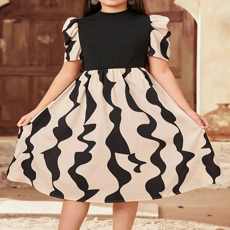 902 Teen Girls' Casual Geometric Print Color-Block Dress with Asymmetrical Hem & Puff Sleeves - Lightweight Summer A-Line Machine-Washable Black & White Dress, Medium Stretch Fabric, Dresses for Teens