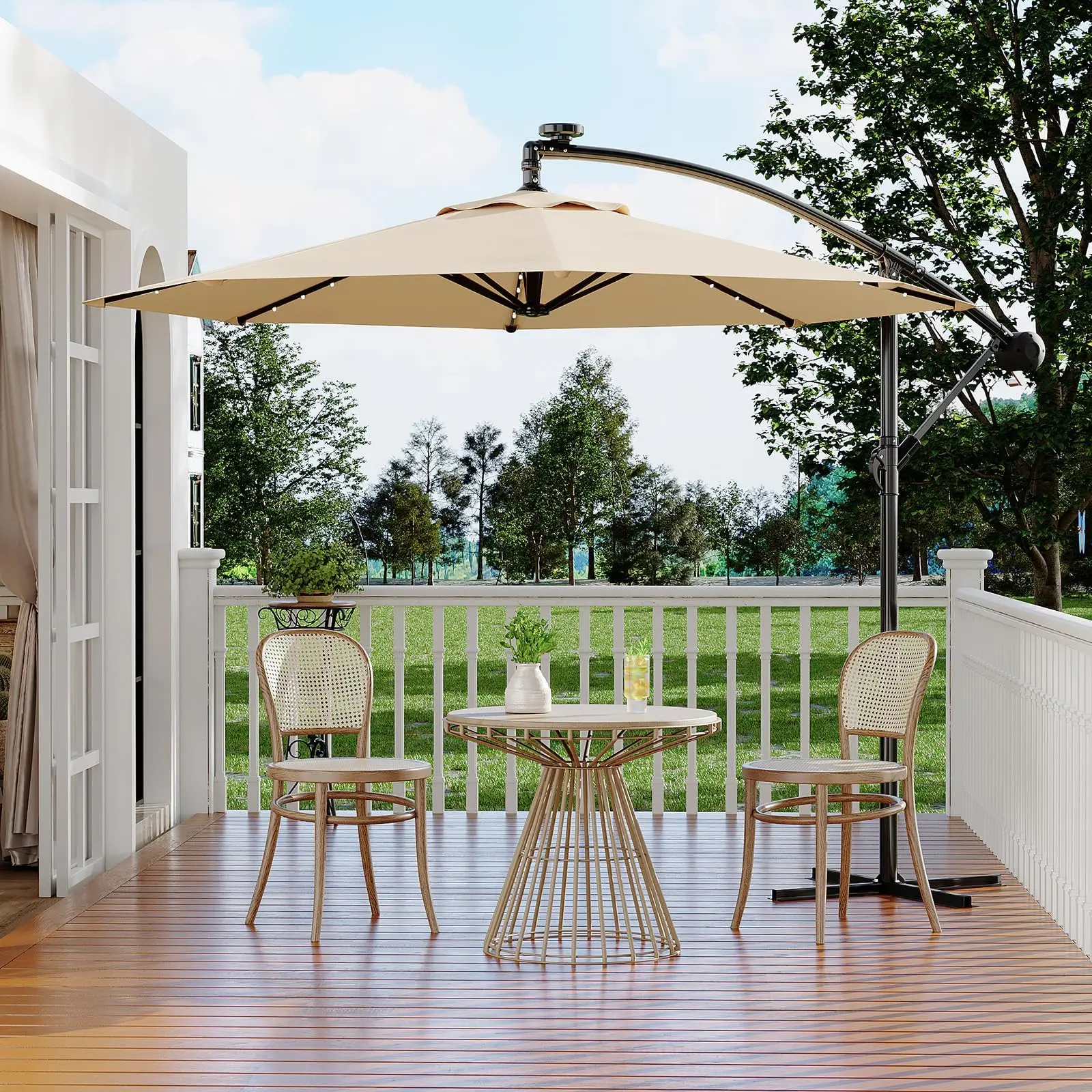 Garvee 10ft Solar LED Offset Hanging Patio Umbrella with 32 LED Lights, Sturdy 8 Ribs, UV Protection, Cantilever Outdoor Market Umbrella for Backyard, Deck, and Poolside in Tan
