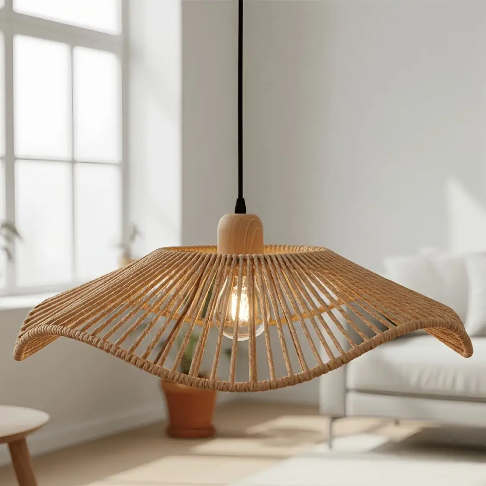 Vintage Rustic Handwoven Rattan Lampshade Light Covers, Boho Style Ruffled Ceiling Lamp Shade, Artisanal Decorative Cover for Indoor Living Space, Lighting Accessories (Bulb Not Included)