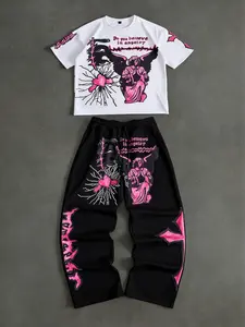 "Do you believe in angels?" Print Black & Pink Soft Cotton Graphic T-Shirt & Pants Set Fitted, Fitted Look, Cozy Lounge Wear Fit for Daily, Home Hangouts & Casual Outings, Edgy Dark Sweet Aesthetic Outfit, Comfortable for Relaxing at Home