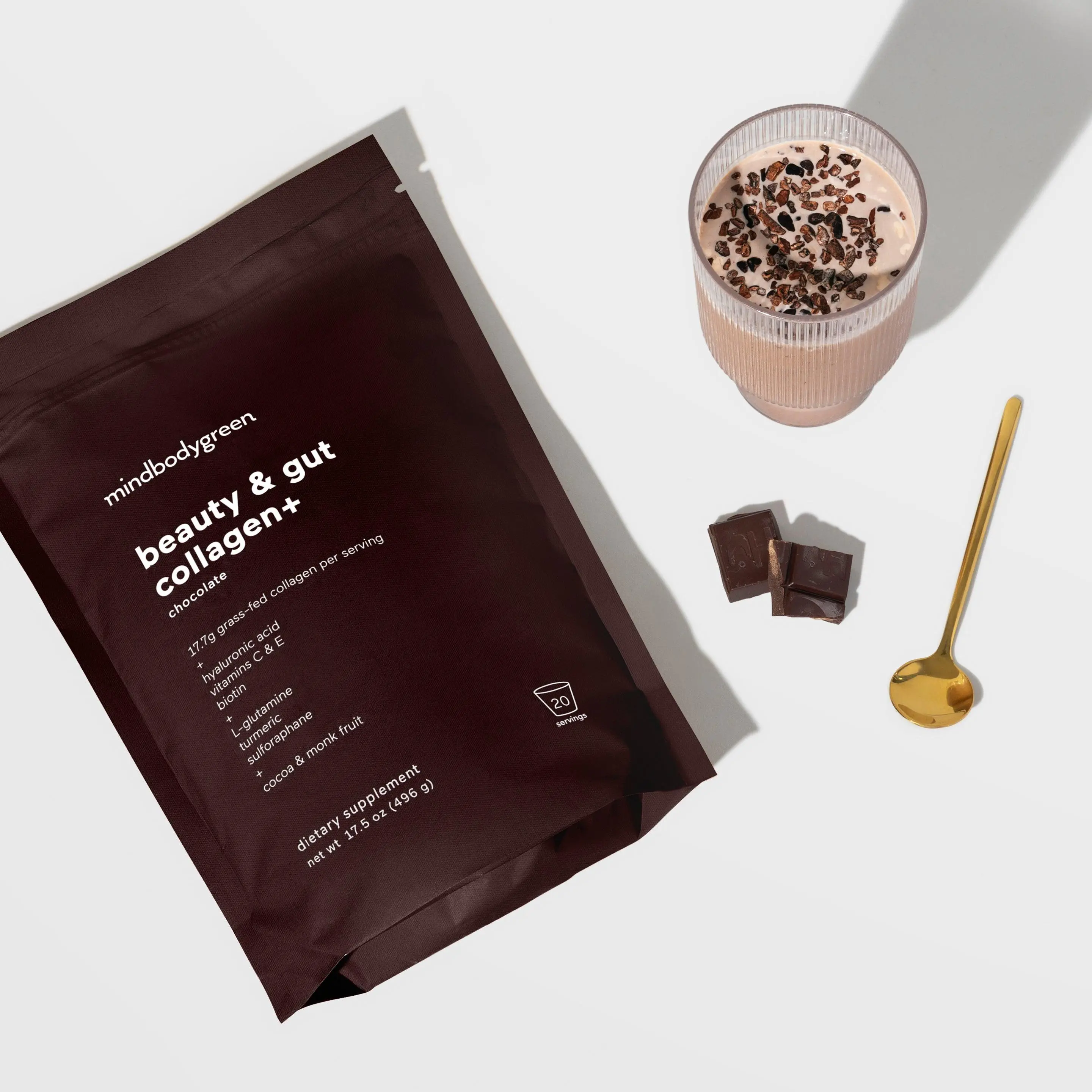 mindbodygreen Beauty & Gut Collagen+ Powder Chocolate Flavor Bi-Monthly Dietary Supplement for Glowing Skin US Edible Collagen for Skin Health