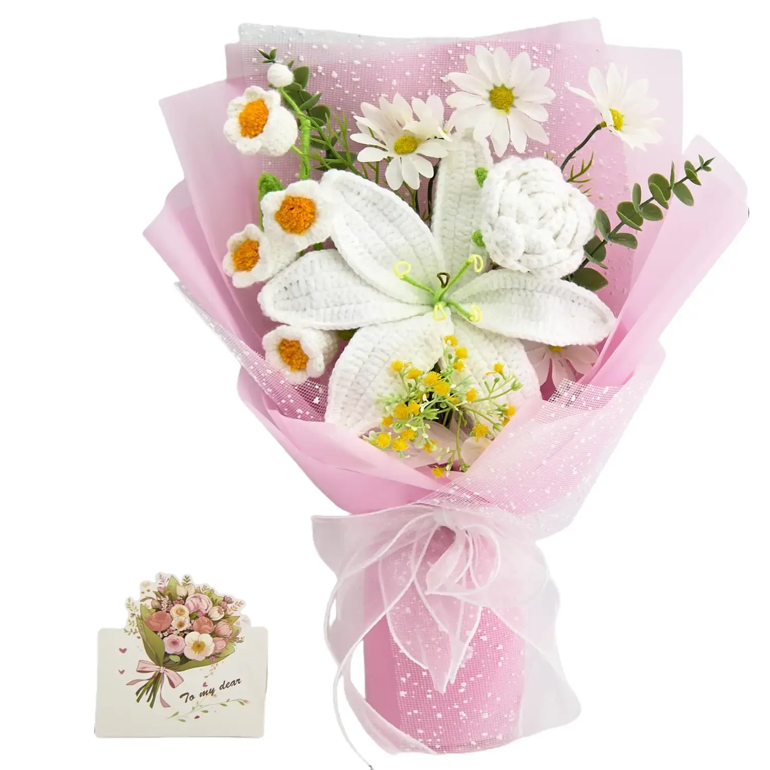 YShomy Handmade Crochet Flowers Bouquet Back to School Gift Teacher Gift Student Gift for Girlfriend Birthday Wedding Anniversary Just Because Graduation Gift with Tulips Lily of the Valley Forever Flowers Greeting Card US Fast Shipping Wedding Home Decor