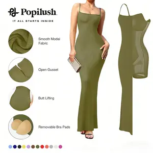 Popilush  Modal Built-in Shapewear Maxi Dress for Women - Sleeveless Spaghetti Strap Backless Slimming Dress for Cocktail Party Basic Minimalist Elegant Outfits