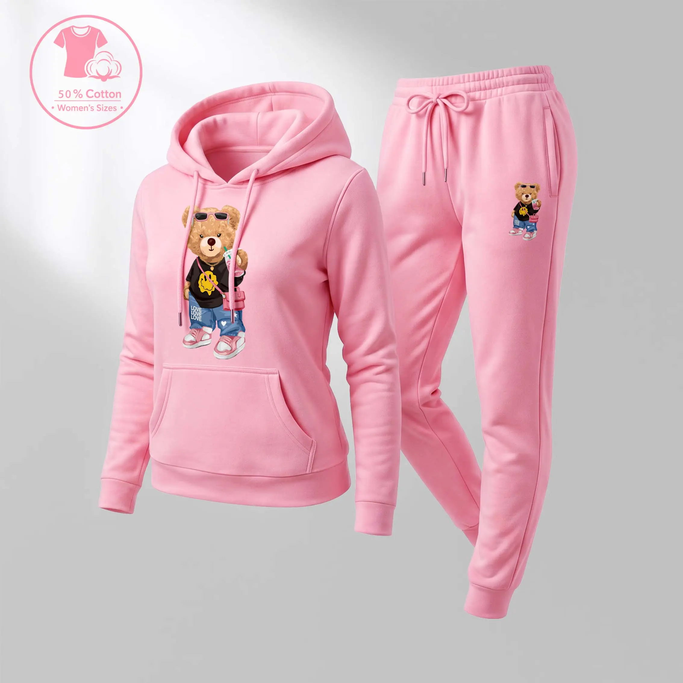 Women's Little Bear Print Hoodie And Drawstring Track Pants Set, Casual Sportswear, Long-Sleeved Hooded Jacket And Pants, Suitable For Autumn And Winter, Everyday Wear, Indoor And Outdoor Sportswear, Casual Sportswear.