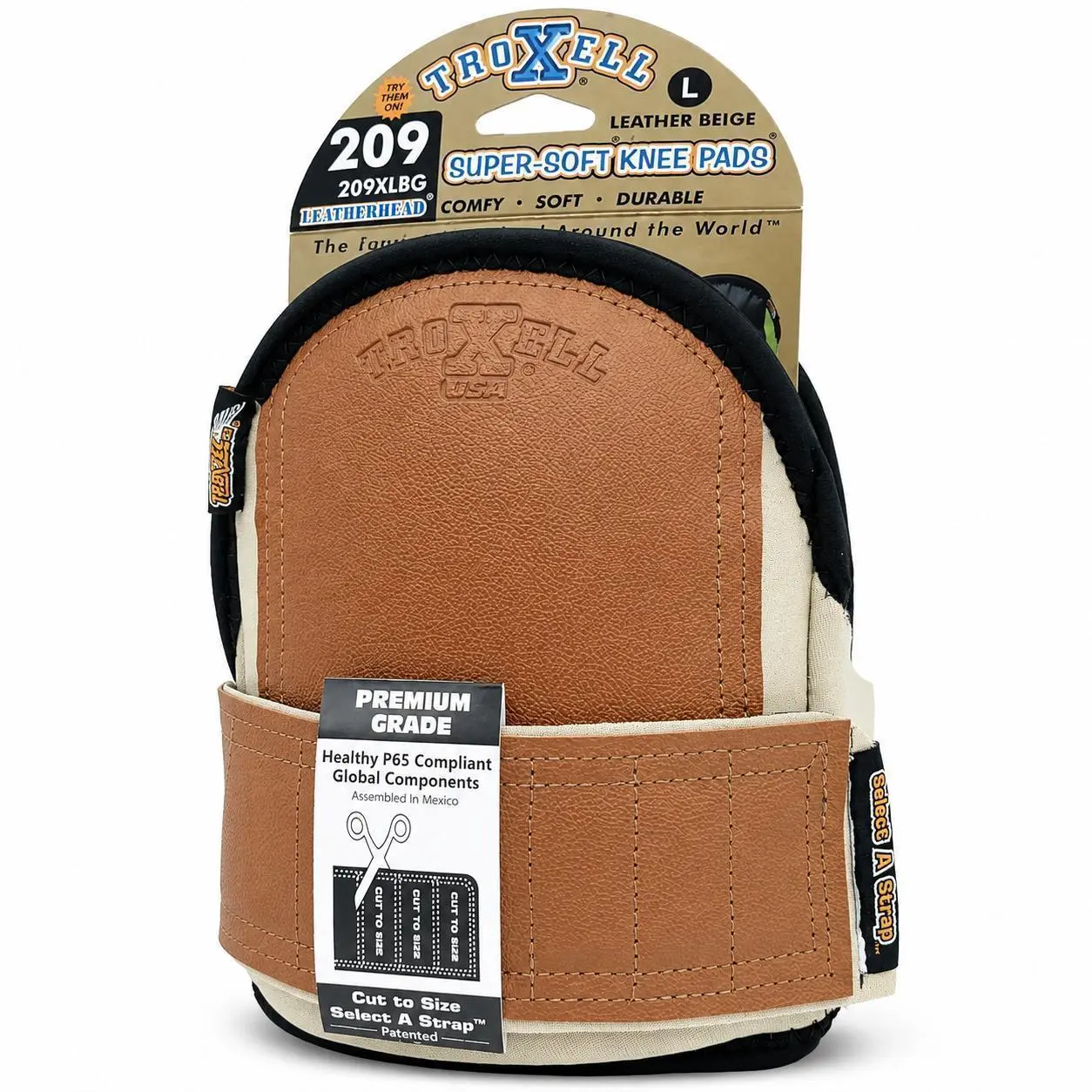 Troxell 209 Super-Soft Knee Pads Leather Beige L Size Comfy Soft Durable Premium Grade Cut to Size Select A Strap