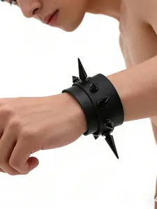 Punk Style Spiked Leather Bracelet, Dark Cone Rivet Double Layer Wristband, Unique Cool Street Fashion Accessory