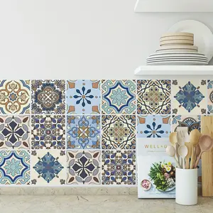 30Pcs Bohemian tile self-adhesive wall sticker, flower pattern peel and paste, waterproof kitchen and bathroom decorative wall sticker, vinyl wall sticker, home wall decoration, 4x4 inches