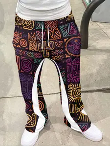 Aztec Tribal Graffiti Print Flare Pants, Vibrant Neon Ethnic Casual Trousers, Fitted Geometric Pattern, All Seasons Wear