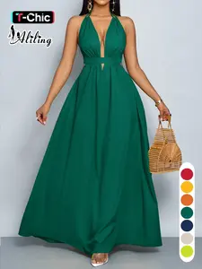 Spring Summer Casual Sexy Basic Plain Women's Dress, Backless Halter Neck Tie Bow Knot High Waist Long Loose Fit Sleeveless, Fashionable Ladies' Clothing