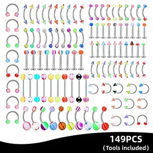 Piercing Shiny & Colorful Body Jewelry Set 149pcs - 14g/16g/18g/20g Kit with Brow, Nose, Ear Cartilage Studs & Tools