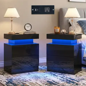 Set Of 2 LED Nightstands With Charging Station, Modern Bedside Tables With 2 Drawers & Open Storage Shelf, Smart End Tables For Bedroom