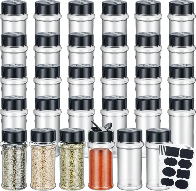 36 Packs 3 oz Clear Plastic Spice Jars with Label and Shaker Lids Empty Spice Bottles Seasoning Containers Seasoning Jars Shaker Condiment Pots for Pepper Herbs Powders(Black)