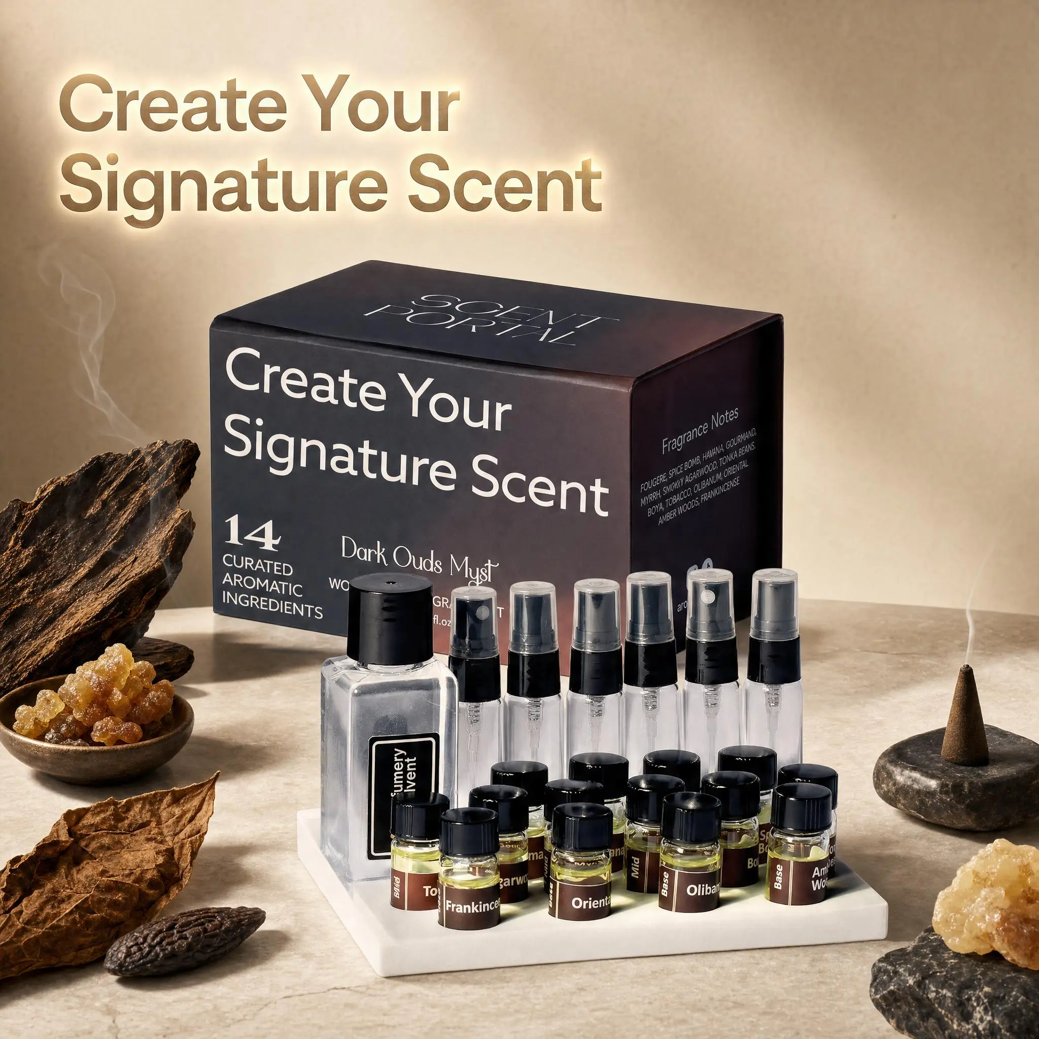 Aromaverse Dark Ouds Myst Perfume Making Kit for Women & Men, Make Your Own Signature Scent, A Sensory Niche Perfumery Atelier Experience, 14 Couture Ingredients, Relaxing Self Activity, Date Night, Artisan Luxury DIY Kit