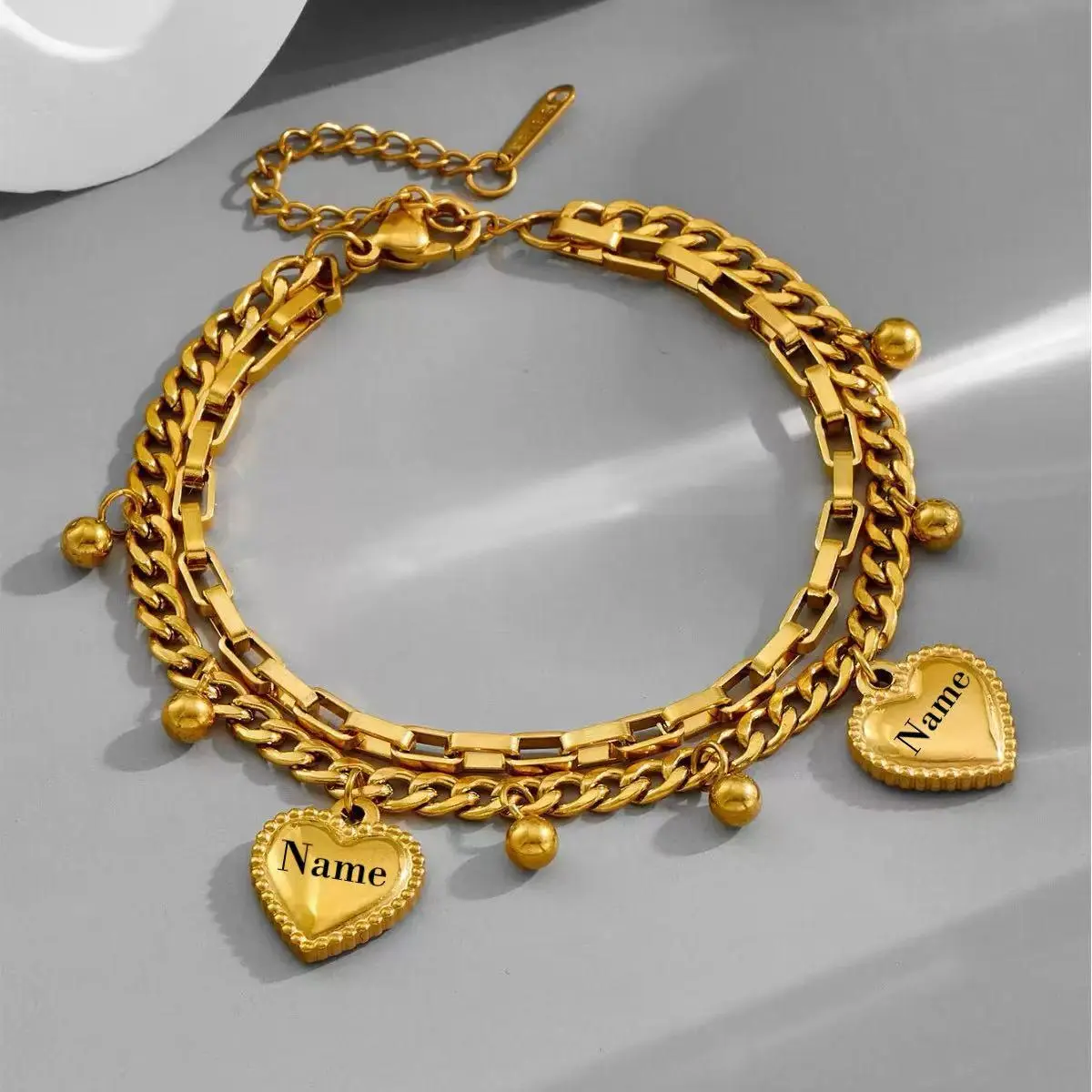 XY001 Women's Custom Engraved Name Bracelet - Fashion Double-Layer Artificial Gemstone Jewelry with 2 Peach Hearts, Gift-Ready Personalized Accessory