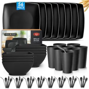 56-piece With Flatware Kitchen Plastic Wheat Straw Square Dinnerware Set for 8, Unbreakable Dinner Plates, Snack Bowls, Tumblers 13.5 oz, Dishwasher Safe, Black