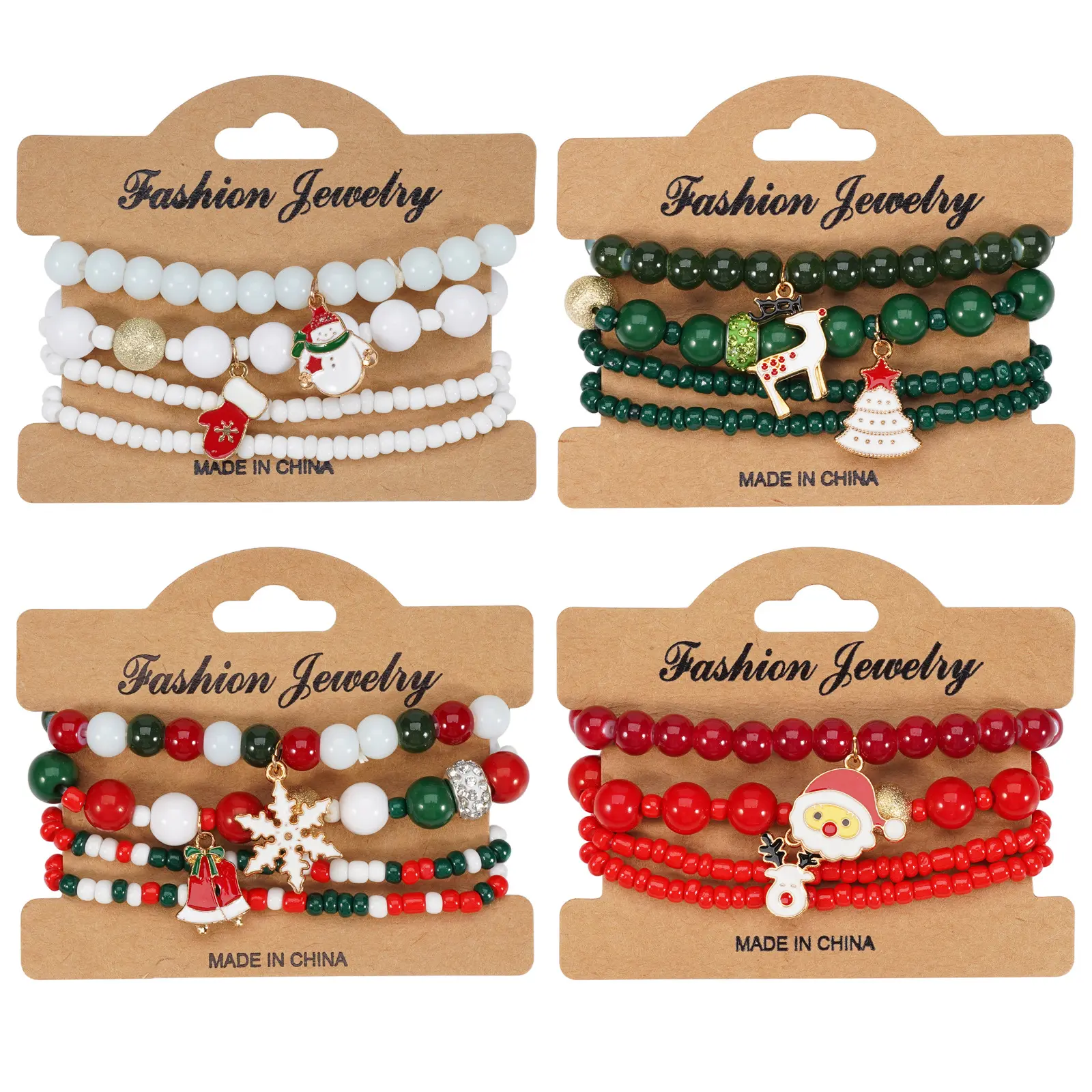 Christmas Layered Bracelet Set, 4-Piece Unisex Alloy Beaded Jewelry with Santa & Snowman Charms for Holiday Parties, Multi-Bead, Alloy Abs