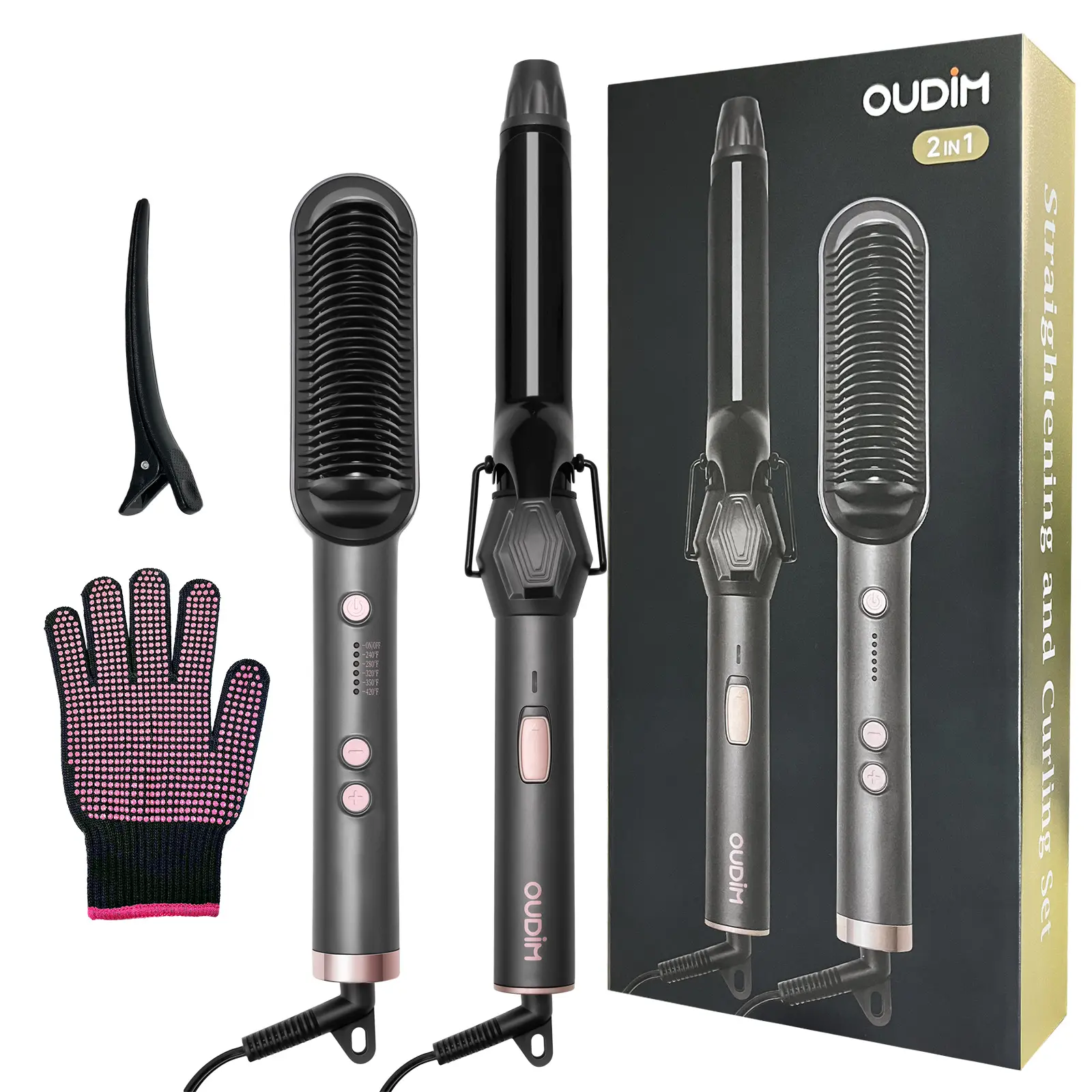 OUDIM 2-in-1 Hair Straightener Brush and Curling Iron Set, Ionic Hot Straightening Comb with 5 Temperature Settings, 30s Fast Heating, Ceramic Anti-Scald Hair Styler with Auto Shut-Off, Rose Gold, Gift for Women